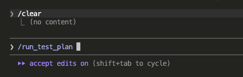 New session with /clear followed by /run_test_plan command