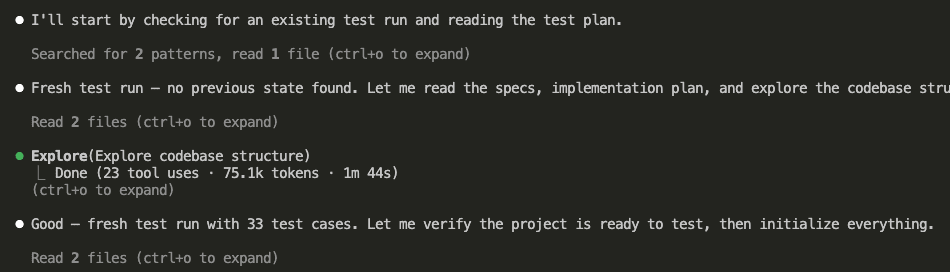 Claude reading the test plan and exploring the codebase structure, confirming 33 test cases for a fresh test run