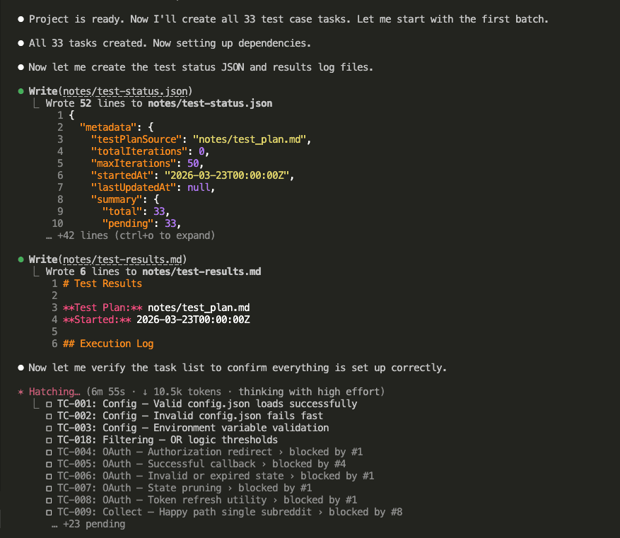 Claude creating 33 test case tasks with dependencies, setting up test-status.json and test-results.md tracking files