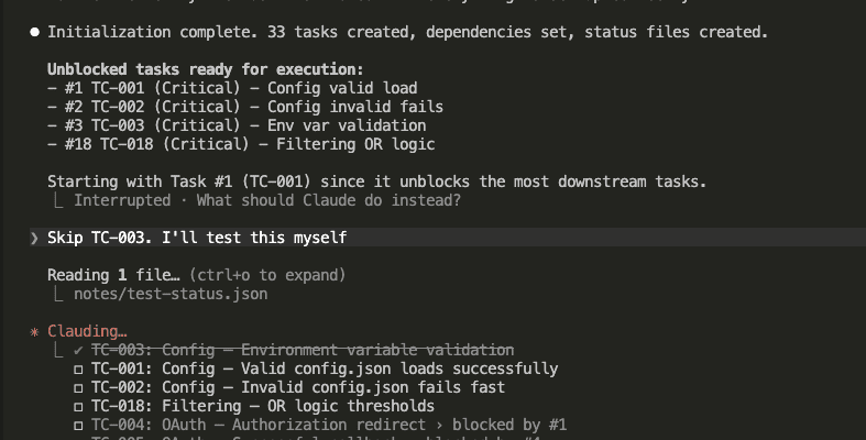 User asking Claude to skip TC-003 env validation test, Claude acknowledging and marking it as skipped