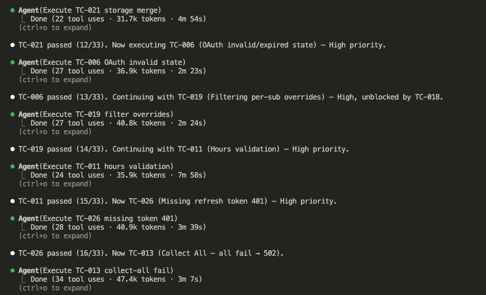 Continued test execution with TC-011 through TC-019 — collection, filtering, storage, and error handling tests all passing with sub-agents