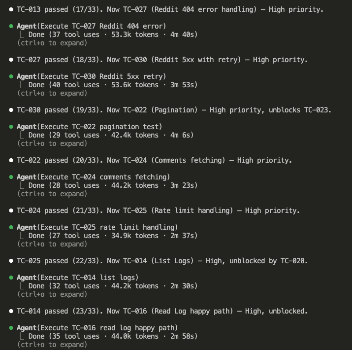 Test execution TC-020 through TC-025 — storage directory creation, merge deduplication, Reddit API pagination, comments fetching, and rate limit handling all passing