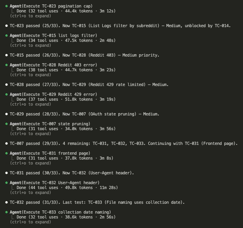 Final batch of tests TC-026 through TC-033 including error codes 401 403 404 429 5xx, frontend OAuth page, User-Agent header, and collection date naming all passing