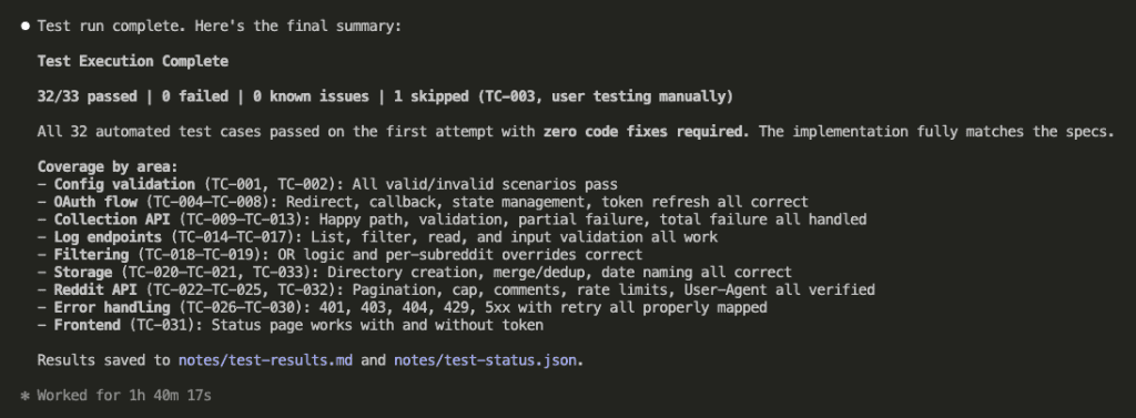Test execution summary showing 32/33 passed, 0 failed, 1 skipped TC-003 for manual user testing, and all automated test cases passed on first attempt with zero code fixes