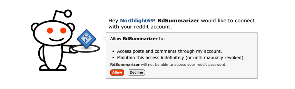 Reddit OAuth authorization page asking to allow RdSummarizer to access posts and comments and maintain access indefinitely