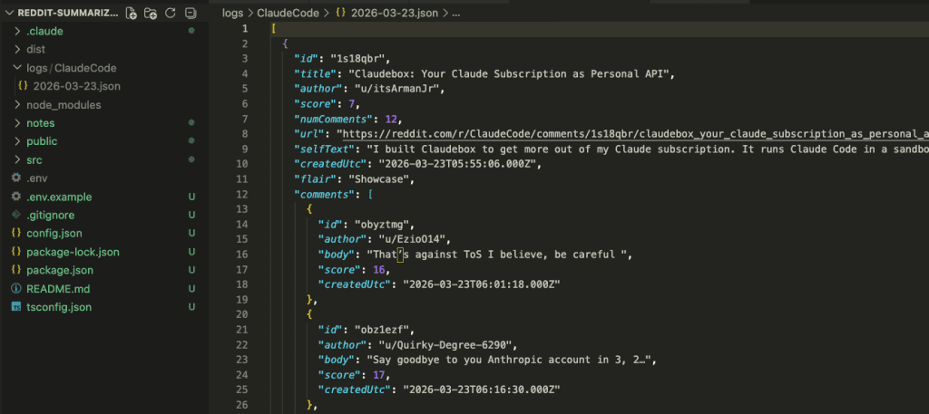 File explorer showing collected JSON data in logs folder organized by subreddit, with actual Reddit post data visible including titles, scores, and timestamps from the ClaudeCode subreddit