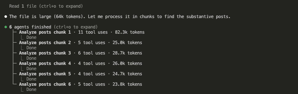 Claude processing the large data file with 6 parallel sub-agents, each analyzing a chunk of posts — ranging from 23.8k to 82.3k tokens