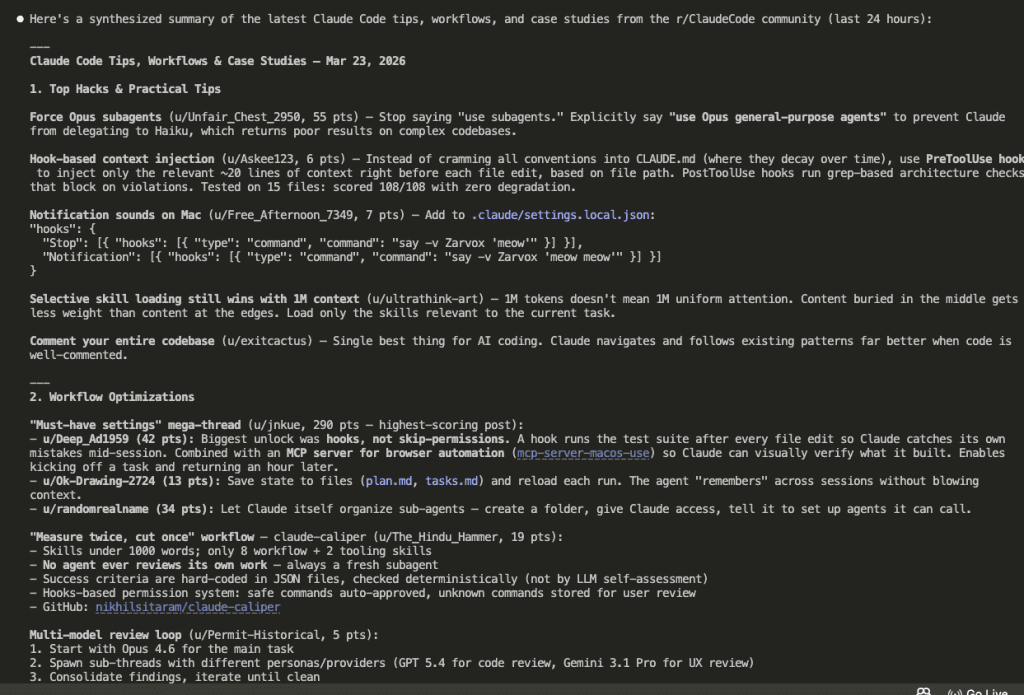 Claude's synthesized insights showing top hacks like Force Opus sub-agents, hook-based context injection, notification sounds on Mac, and workflow optimizations including must-have settings and measure twice cut once workflows