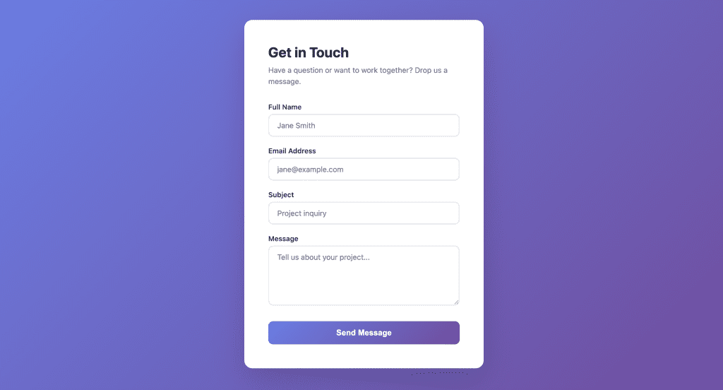 The styled contact form before any validation — four fields, a submit button, and nothing else
