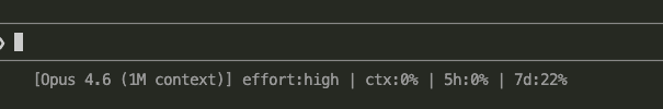 Custom Claude Code status line showing model name, effort level, context percentage, and rate limit usage