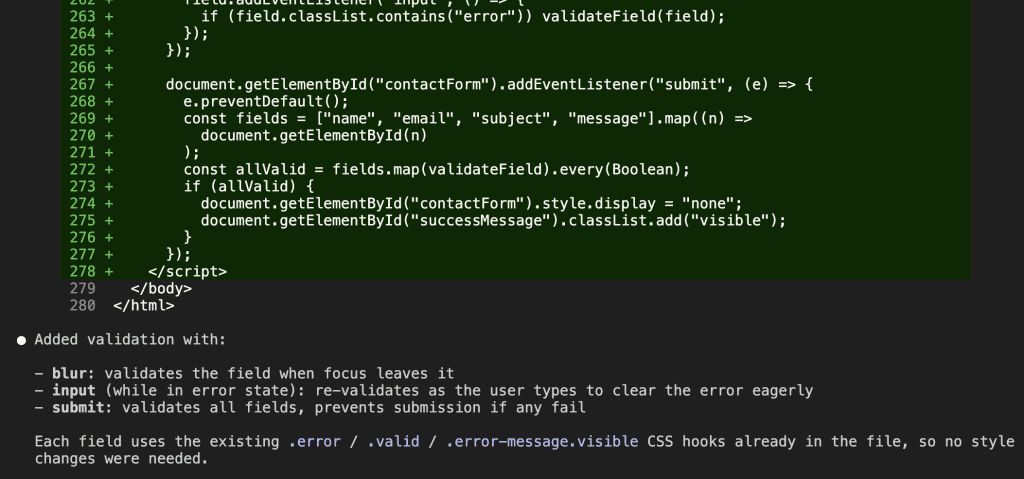 Claude Code terminal showing normal mode response — code plus bulleted explanation of validation behavior and CSS hooks note