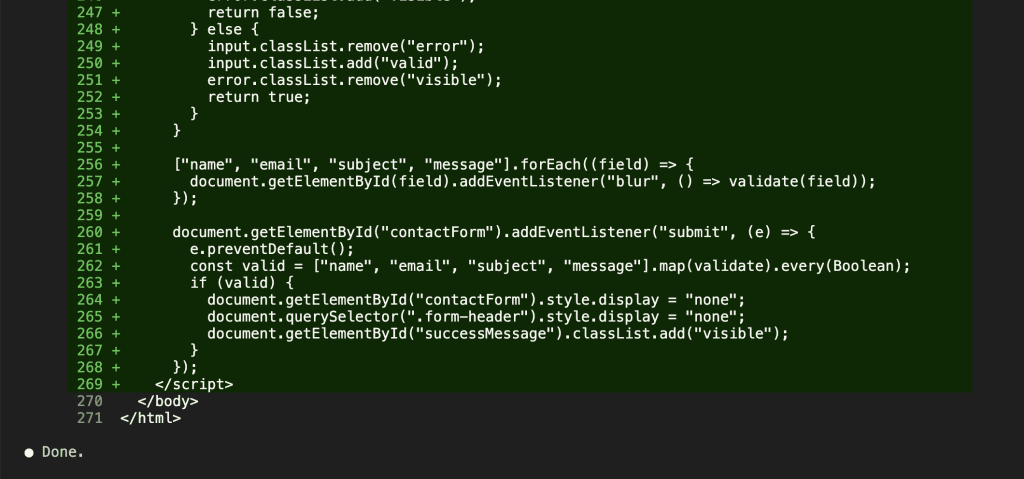Claude Code terminal showing caveman mode response — just code and a single word: Done.