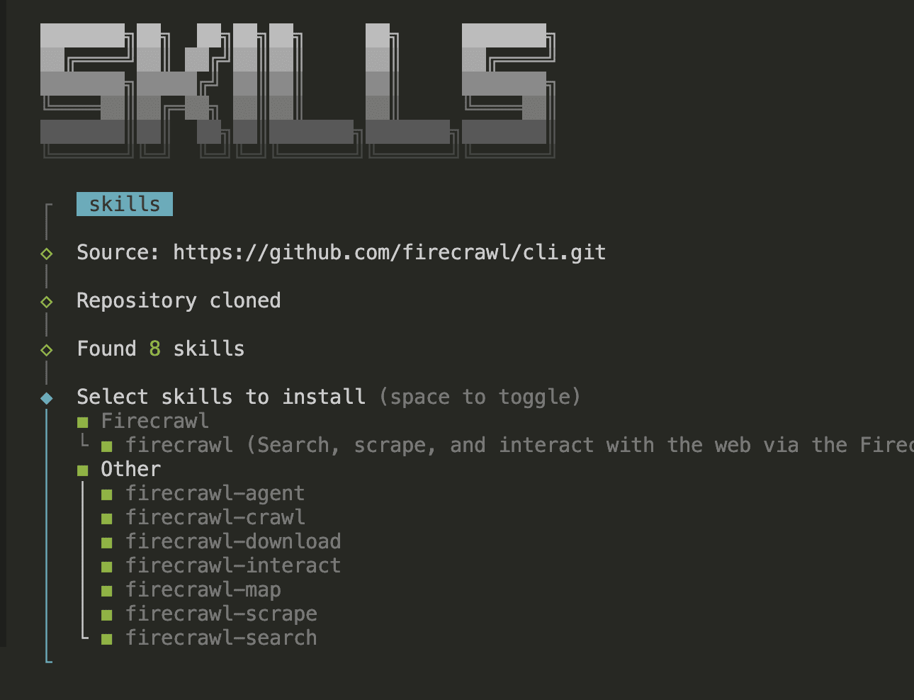Firecrawl CLI skills installer showing ASCII art "SKILLS" header, repository cloned from github.com/firecrawl/cli.git, "Found 8 skills" with a selection list including firecrawl, firecrawl-agent, firecrawl-crawl, firecrawl-download, firecrawl-interact, firecrawl-map, firecrawl-scrape, and firecrawl-search