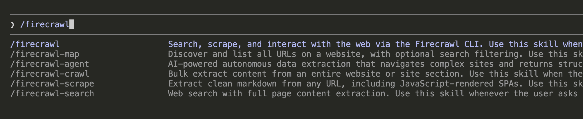 Claude Code prompt showing /firecrawl typed with autocomplete dropdown listing all Firecrawl slash commands and their descriptions