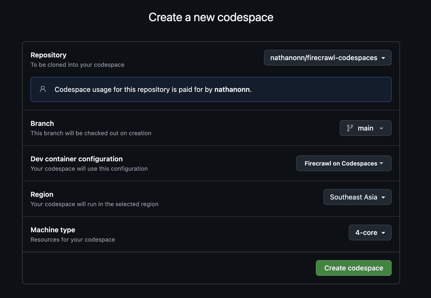 GitHub "Create a new codespace" page showing the firecrawl-codespaces repo selected, main branch, "Firecrawl on Codespaces" dev container configuration, and 4-core machine type