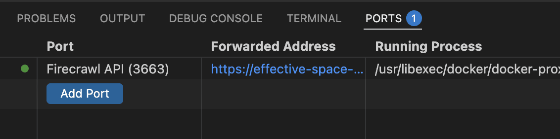 VS Code Ports tab showing "Firecrawl API (3663)" with a green status dot and forwarded address