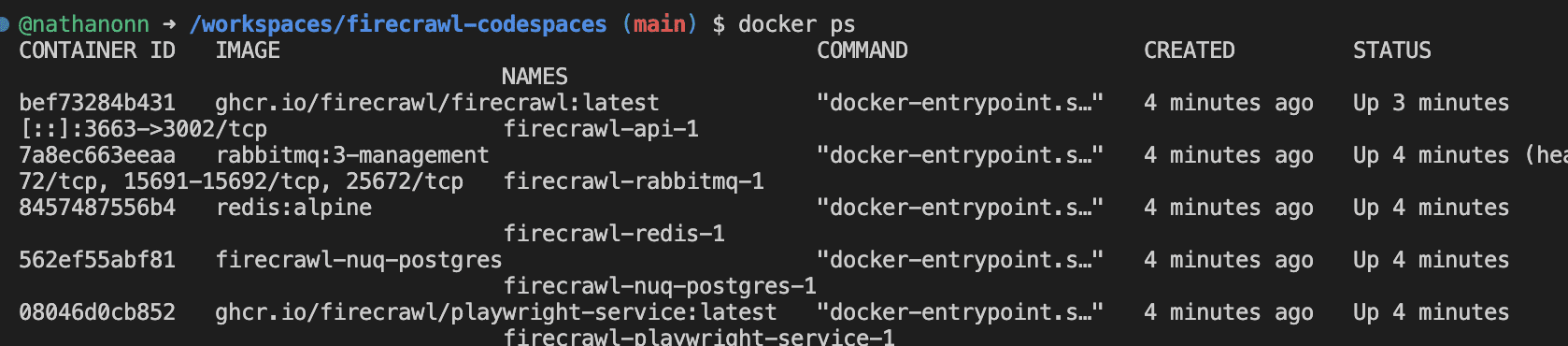 Terminal showing docker ps output with five containers running: firecrawl-api-1 (port 3663), rabbitmq, redis, postgres, and playwright-service — all showing "Up 4 minutes"