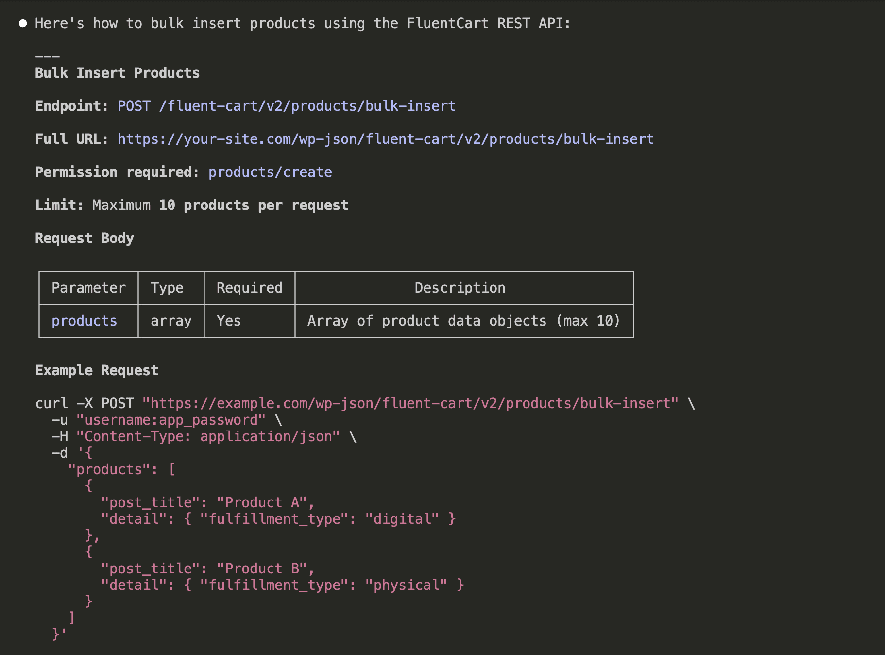 Claude Code displaying scraped FluentCart API documentation showing "Bulk Insert Products" endpoint details, a parameter table with columns for Parameter, Type, Required, and Description, plus a formatted curl example with JSON body