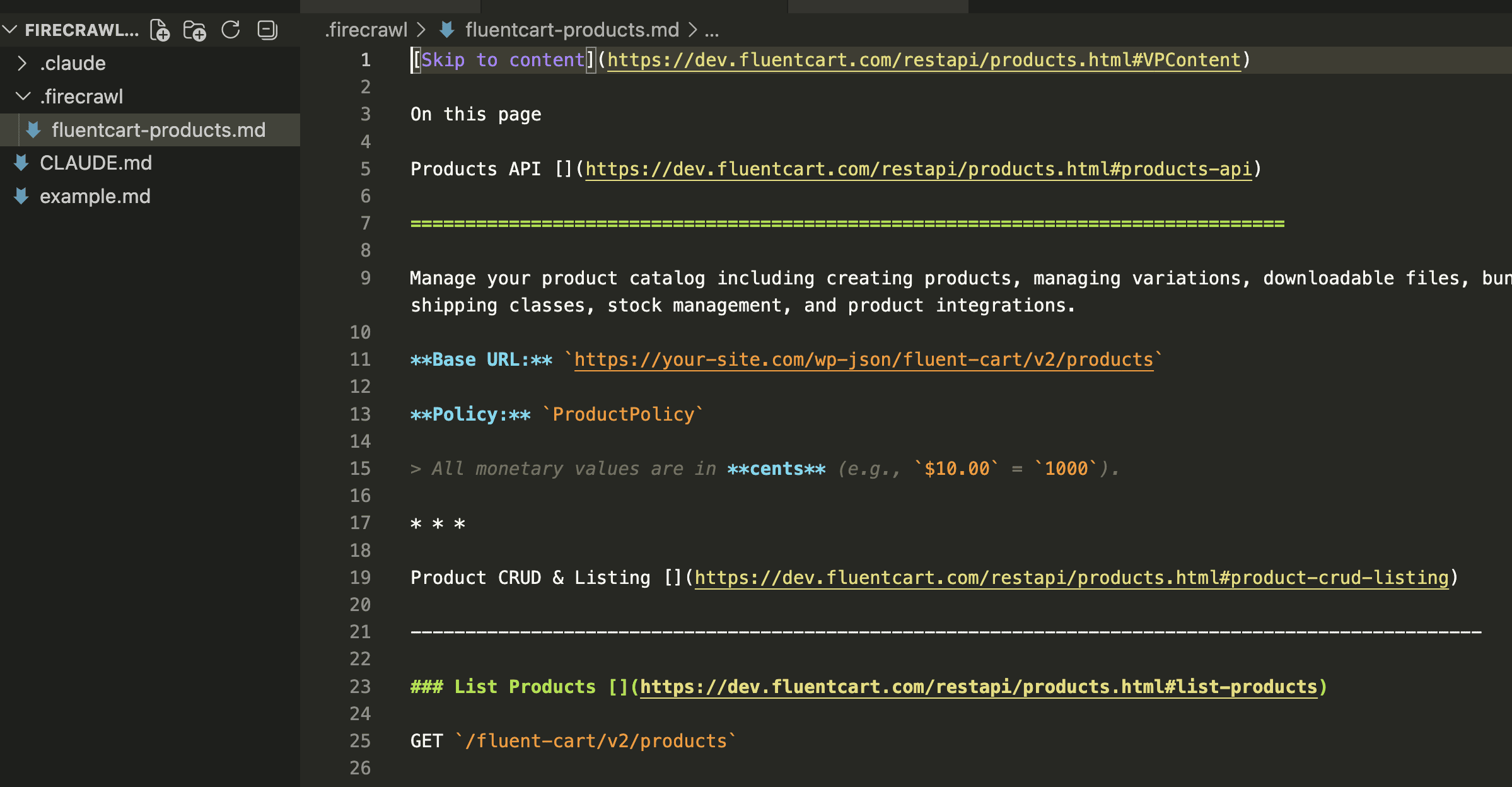 VS Code showing the scraped content saved as fluentcart-products.md with clean markdown formatting — Products API documentation with headings, links, base URL, and structured endpoint listings