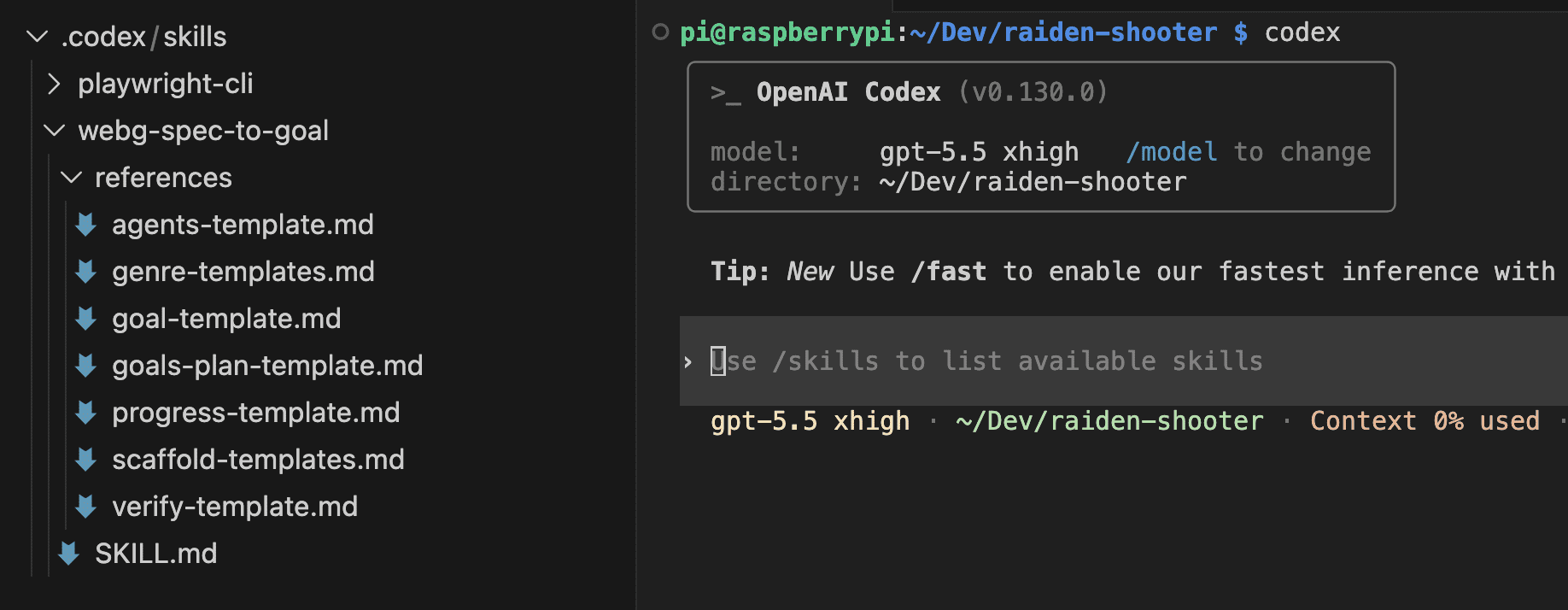 VS Code file explorer showing a clean repo with only .codex/skills containing webg-spec-to-goal and playwright-cli folders, beside a Codex 0.138.0 terminal session with gpt-5.5 xhigh model pointed at ~/Dev/raiden-shooter
