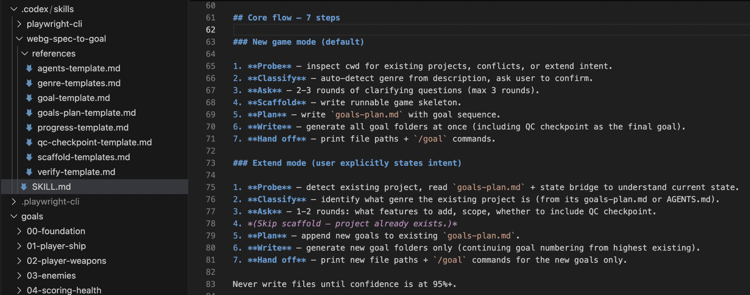 VS Code showing SKILL.md with new/extend mode dual flow beside the existing goals folder
