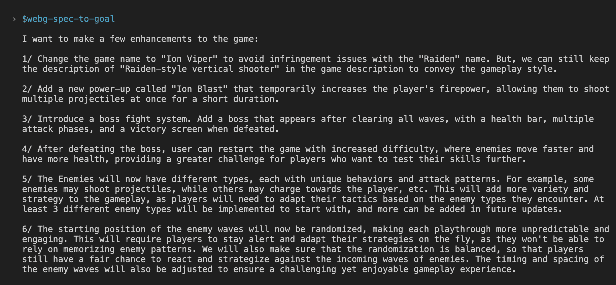 The six-feature enhancement description typed into the Codex composer with the $webg-spec-to-goal skill