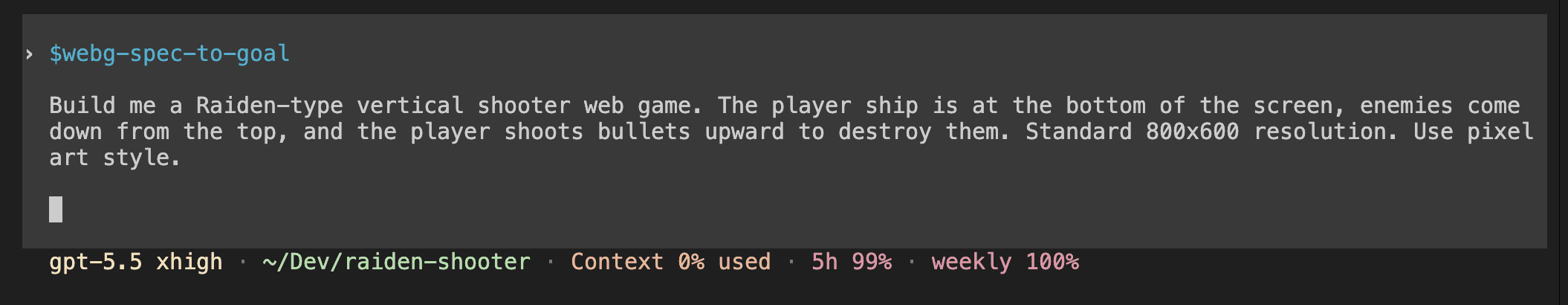 Codex terminal showing the $webg-spec-to-goal skill invocation with the plain-English game description typed into the composer — gpt-5.5 xhigh model, 0% context used