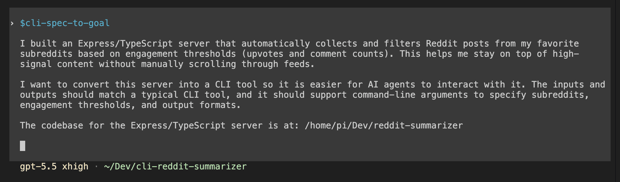 Codex terminal showing the cli-spec-to-goal skill invocation with a plain-English description of converting the Express/TypeScript server into an AI-agent-friendly CLI tool, with the server codebase path provided as reference