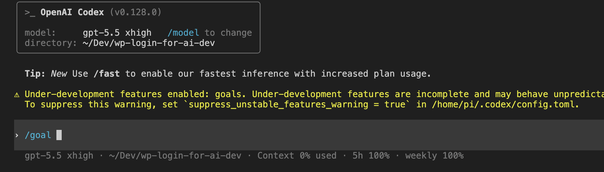 Codex 0.128.0 launch screen with a warning that under-development features goals is enabled and the slash-goal command in the composer ready to autocomplete