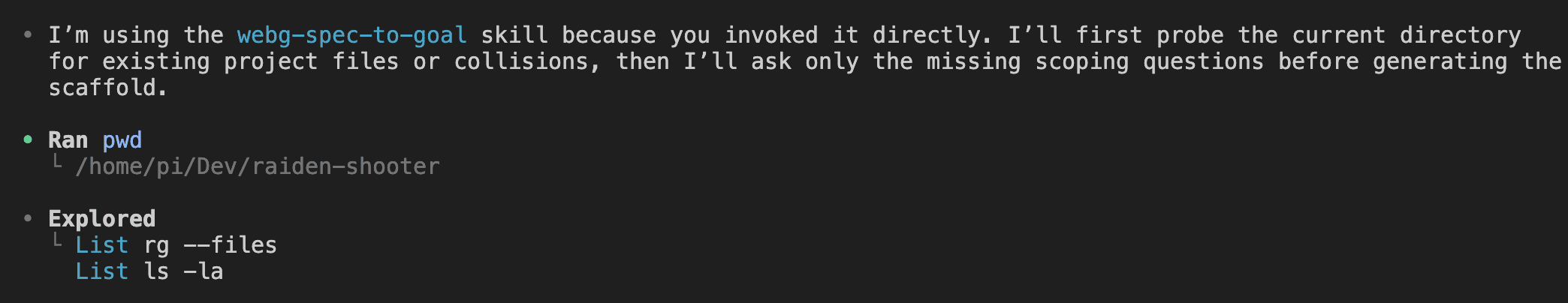 Codex output showing the webg-spec-to-goal skill running pwd, rg --files, and ls -la to explore the empty repo before asking any scoping questions