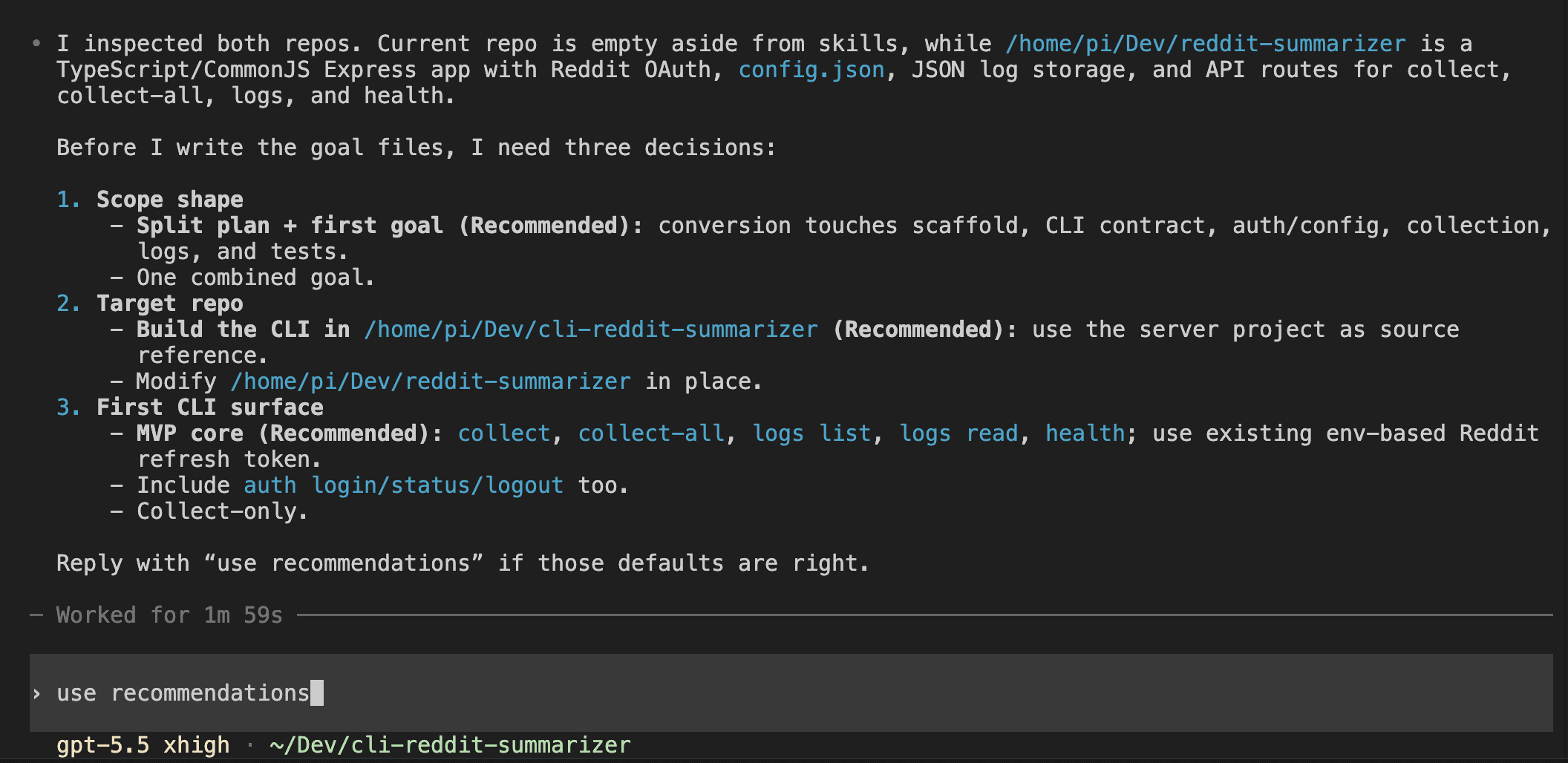 Codex presenting three decisions with recommended defaults: split plan plus first goal for scope shape, build in the new repo for target, and MVP core commands for the first CLI surface, with reasoning for each recommendation