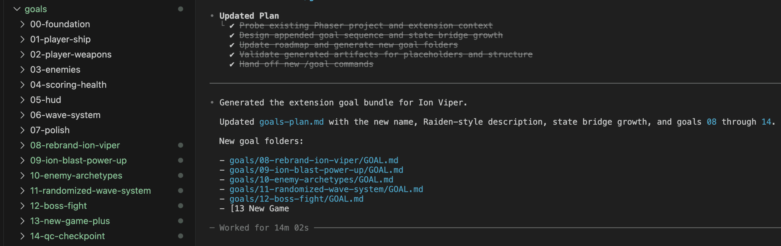 Codex output showing all 7 new goal folders generated, goals-plan.md updated, ~14 minutes
