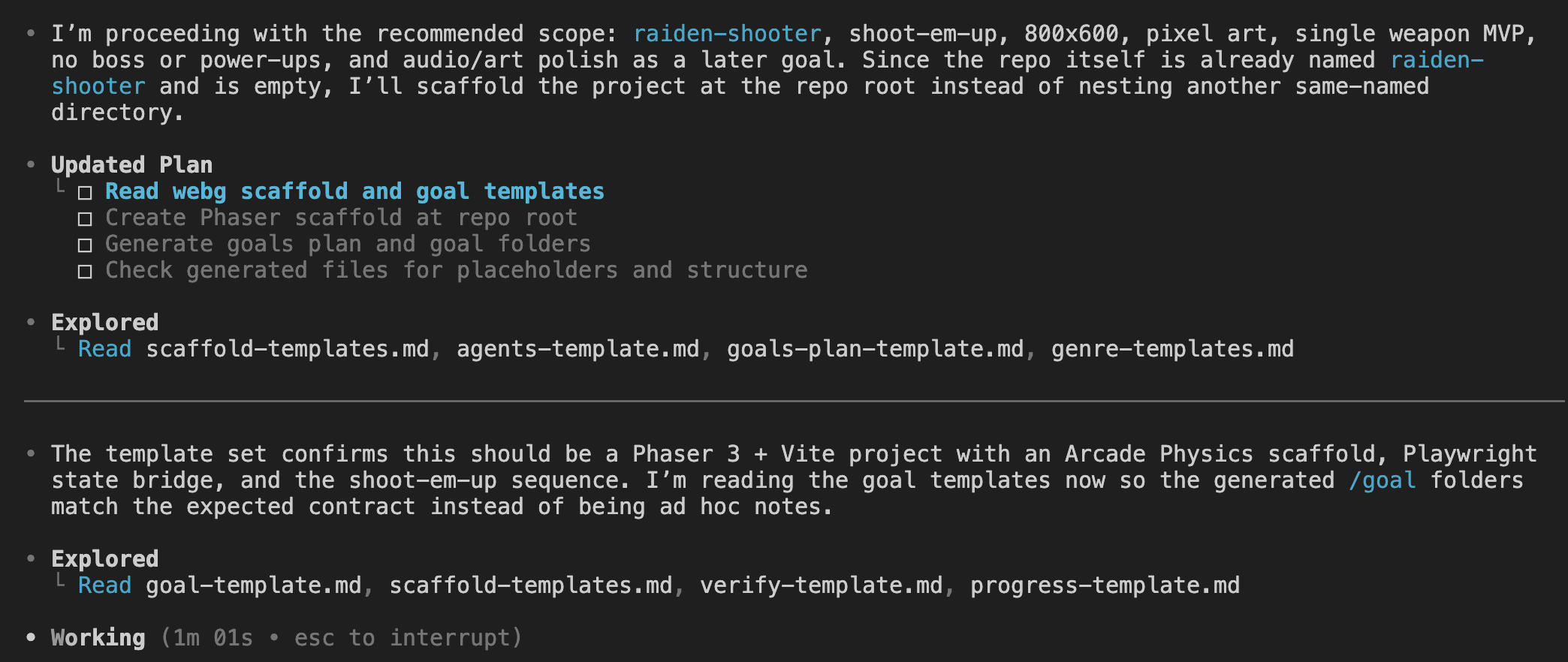 Codex output showing the skill reading scaffold and goal templates, confirming the Phaser 3 + Vite + Arcade Physics + state bridge + Playwright scaffold, and beginning to write files