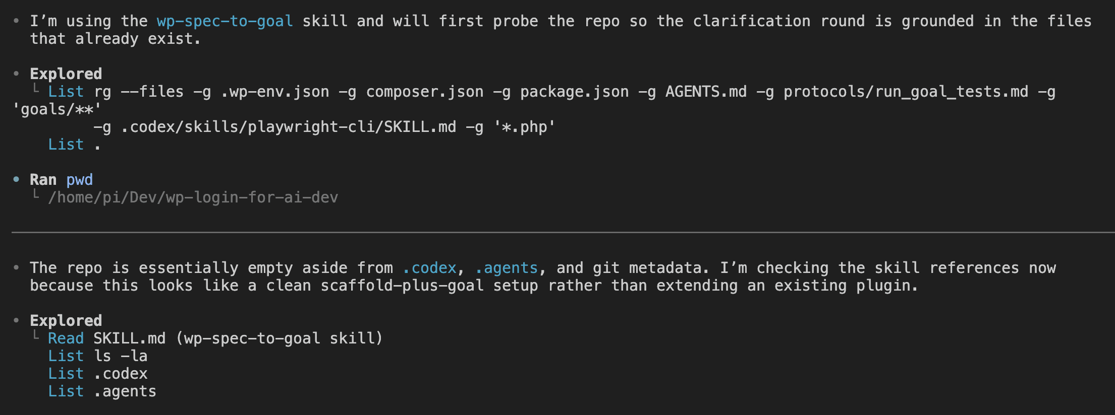 Codex output showing the wp-spec-to-goal skill exploring the repo with ripgrep file searches, finding only .codex and .agents folders, and noting the repo is essentially empty aside from skills and git metadata