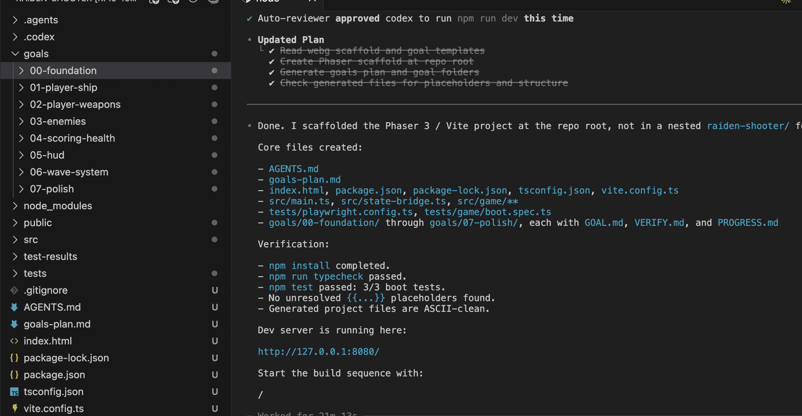 Split view — left: VS Code file explorer showing the full scaffolded structure with goals/00-foundation through 07-polish, src/, tests/, public/. Right: Codex completion summary listing all created files, verification results (npm install, npm run typecheck passed, npm test 3/3 boot tests passed), and the dev server running at http://127.0.0.1:8080