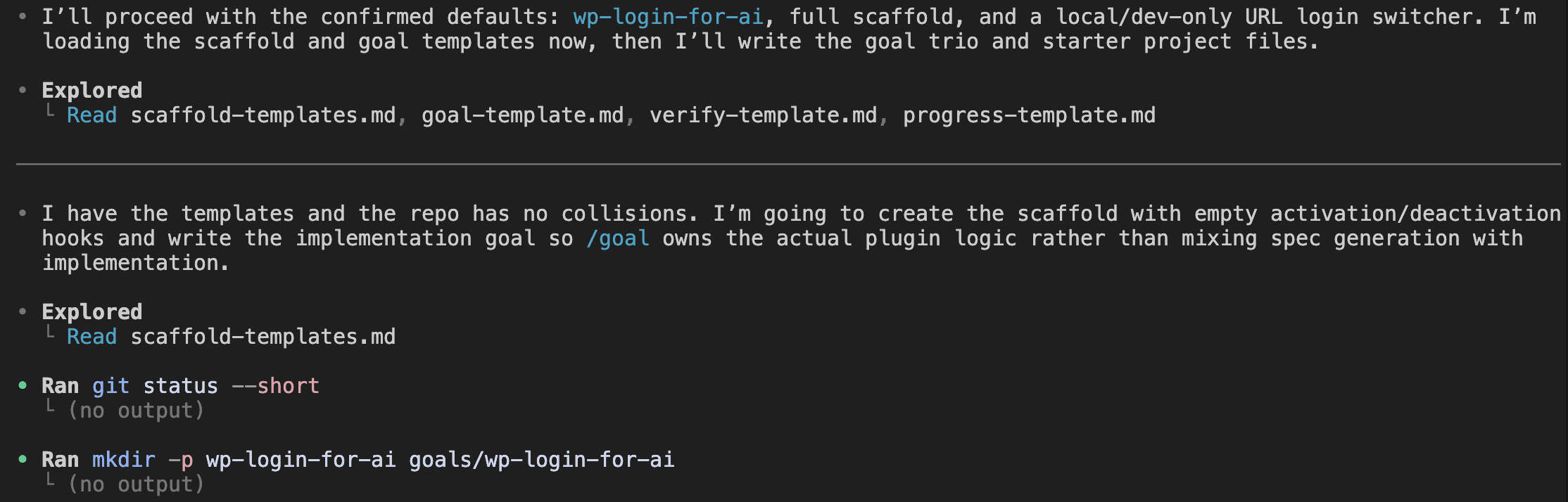 Codex output showing the wp-spec-to-goal skill confirming defaults, loading the four reference templates, running git status, and creating the wp-login-for-ai plugin and goals directories