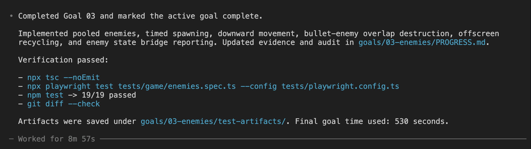 Goal 03 completion showing pooled enemies, timed spawning, downward movement, bullet-enemy overlap destruction, offscreen recycling, enemy state bridge reporting — 19/19 tests passed, including full regression, in 8m 57s