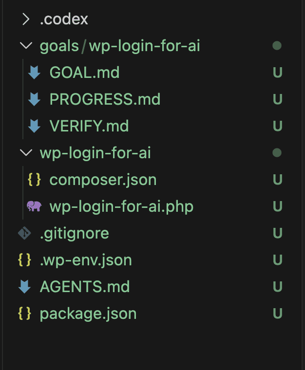 VS Code file explorer showing the newly scaffolded structure: goals/wp-login-for-ai with GOAL.md PROGRESS.md VERIFY.md, the wp-login-for-ai plugin folder with composer.json and the PHP entry file, plus root-level .gitignore .wp-env.json AGENTS.md and package.json