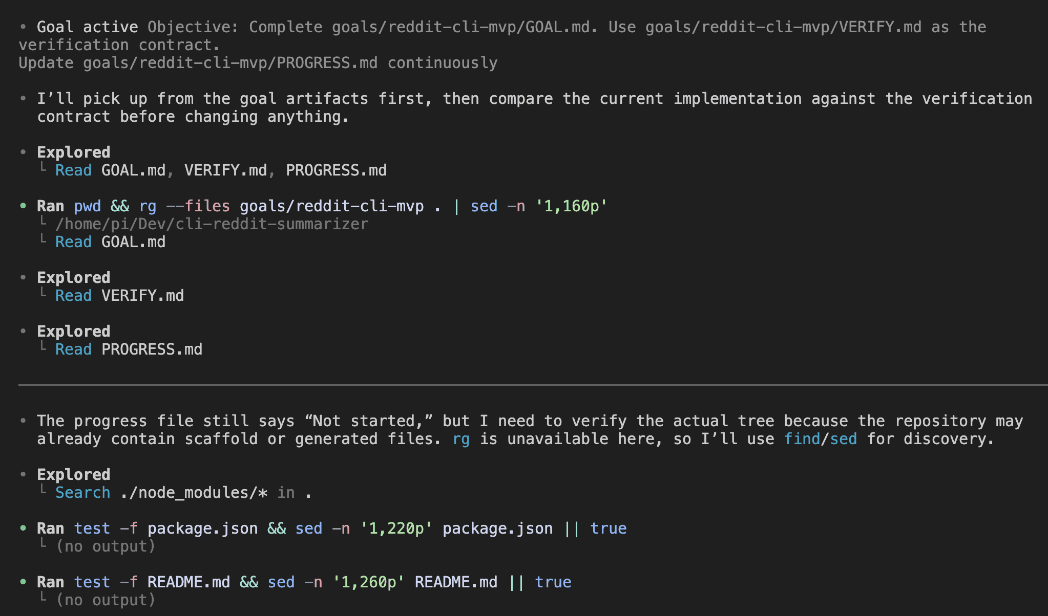 Codex goal activation showing it reading the goal trio files, exploring the repo tree, checking for existing package.json and README.md, and beginning its implementation plan
