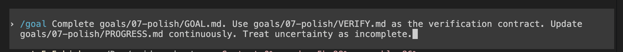 Codex terminal showing the /goal command for 07-polish pasted into the composer