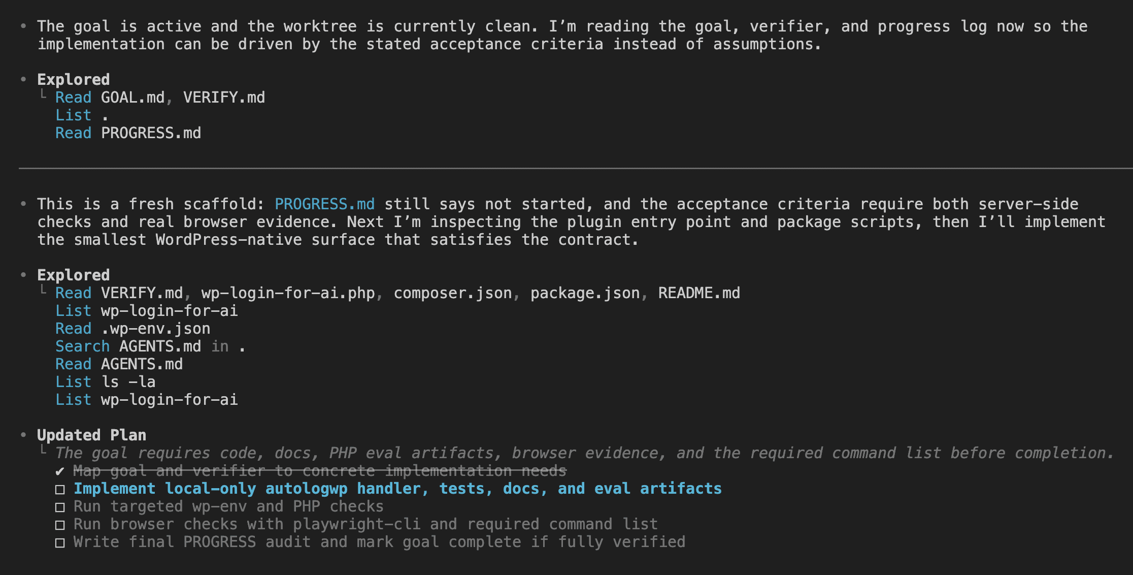 Codex first goal turn showing it exploring the repo, reading the goal trio files, inspecting the plugin entry and composer.json, and producing an updated five-item plan with implement test verify and audit steps