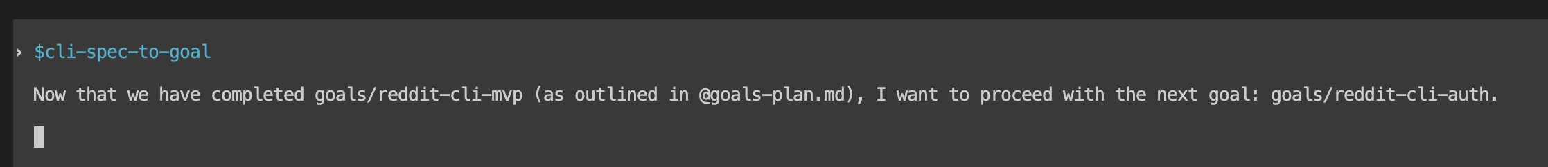 Codex terminal showing the cli-spec-to-goal skill invocation with the instruction to proceed with the next goal, referencing the goals-plan.md