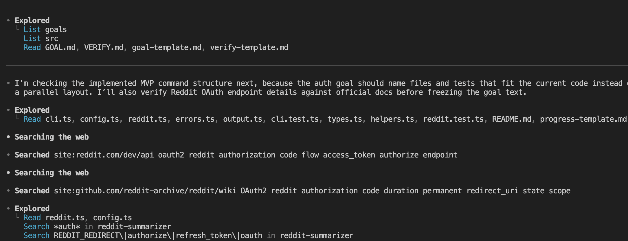 Codex reading the implemented MVP source files — cli.ts, config.ts, reddit.ts, errors.ts, types.ts — and searching Reddit OAuth documentation for authorization code flow details, redirect URI scope, and token endpoints