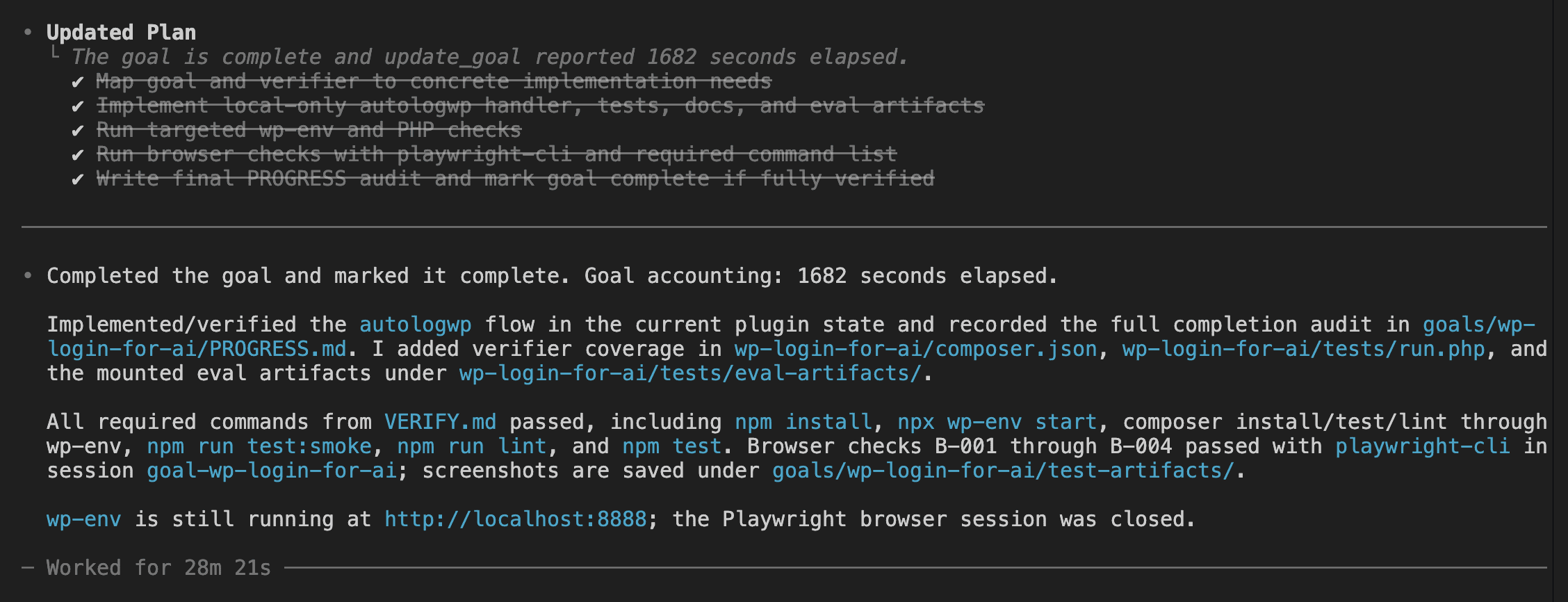 Codex completion summary showing the goal marked complete after 28 minutes elapsed, with implementation details, test results, and Playwright browser evidence