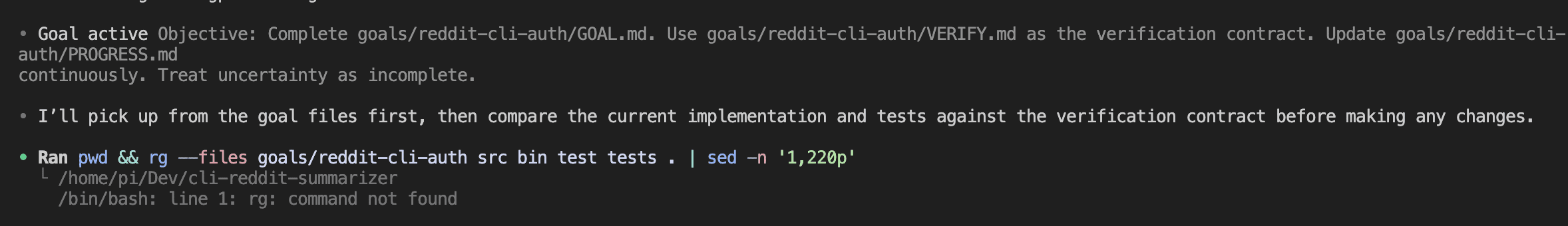 Codex starting the second goal, reading goal files and exploring the existing codebase structure to understand what's already implemented before making changes