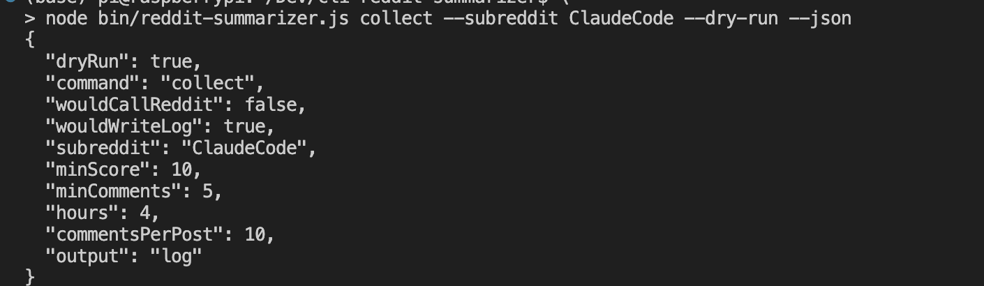 Terminal showing the dry run command with clean JSON output: dryRun true, command collect, wouldCallReddit false, wouldWriteLog true, subreddit ClaudeCode, minScore 10, minComments 5, hours 4, commentsPerPost 10, output log