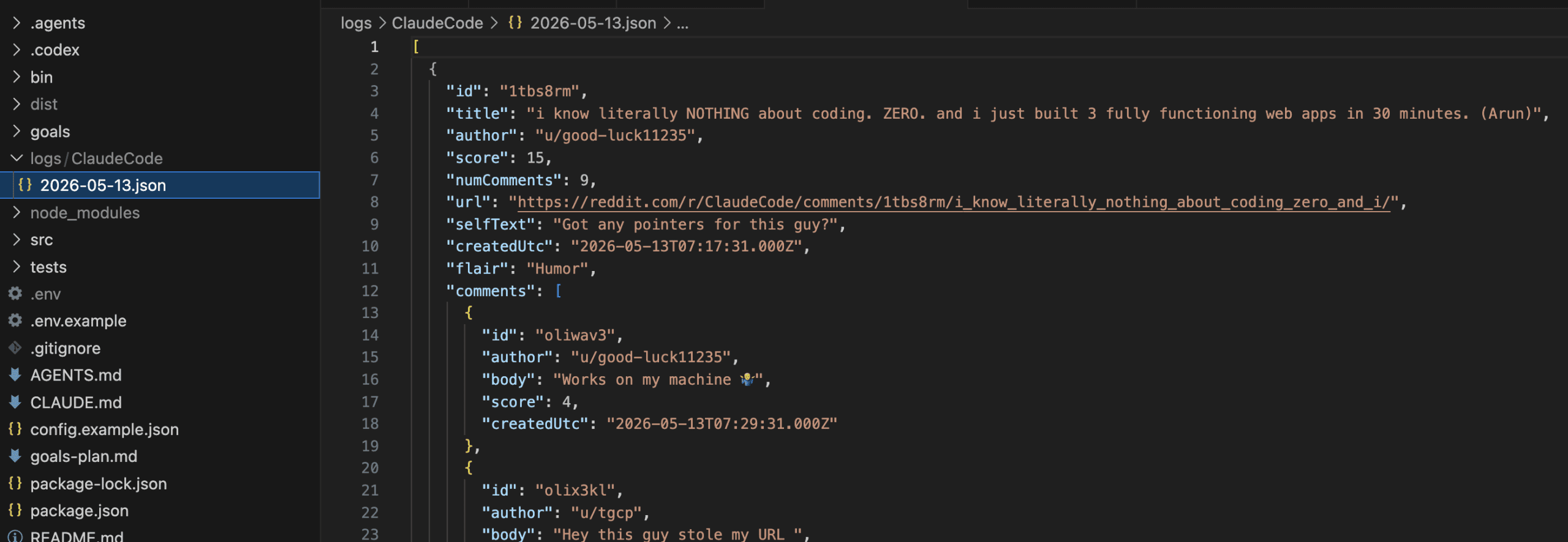 VS Code editor showing logs/ClaudeCode/2026-05-13.json with structured Reddit post data including post IDs, titles, authors, scores, comment counts, URLs, and nested comments, with the file tree showing the logs folder structure on the left