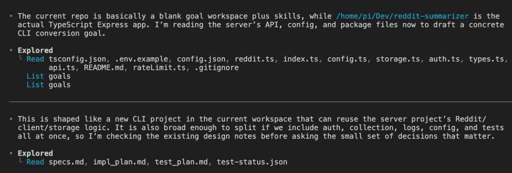 Codex exploring the empty target workspace and reading the Express server's source files, noting the project is shaped like a new CLI that can reuse the server's Reddit client and storage logic