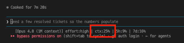 Status line showing ctx:25% — the moment you notice the threshold has been crossed