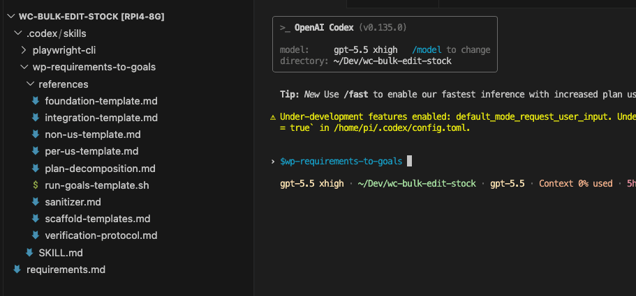 VS Code file explorer showing the starting state with only wp-requirements-to-goals skill, playwright-cli skill, and requirements.md — the entire human input is one requirements file plus two skills